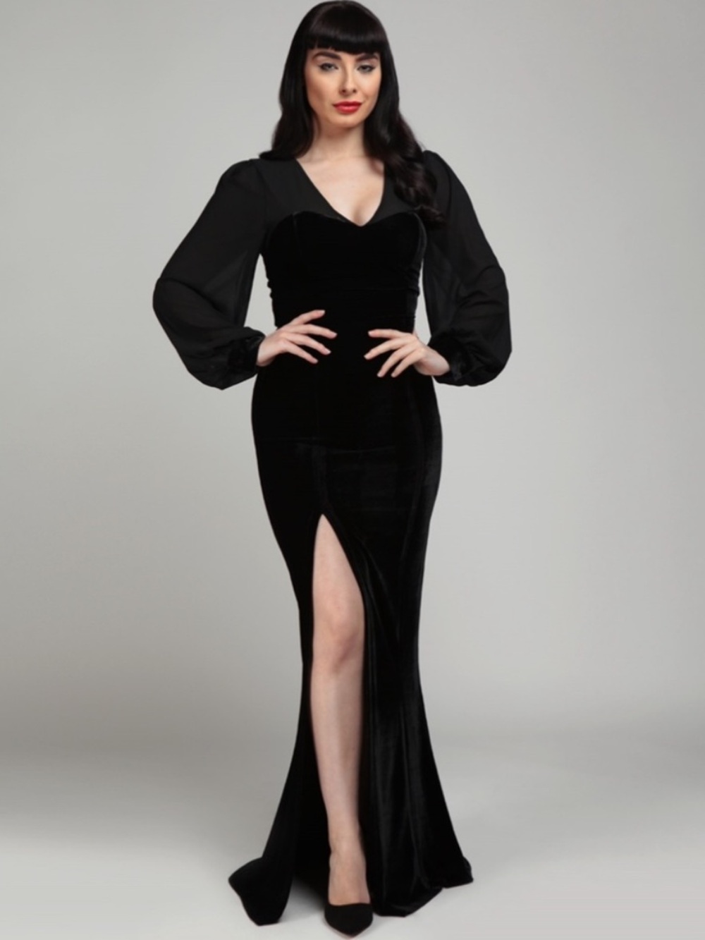 Collectif Arionna Velvet Sheer Illusion Long Sleeve Maxi Dress US 8 Black Retro